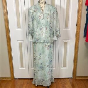 R&M RICHARDS 2 Piece Aqua Floral Watercolor 18 Gauze Fairy 3/4 Ruffle Cuff Maxi